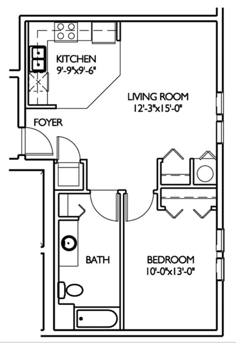 Floor plan for 1 bed, 1 bath, 635 sqft